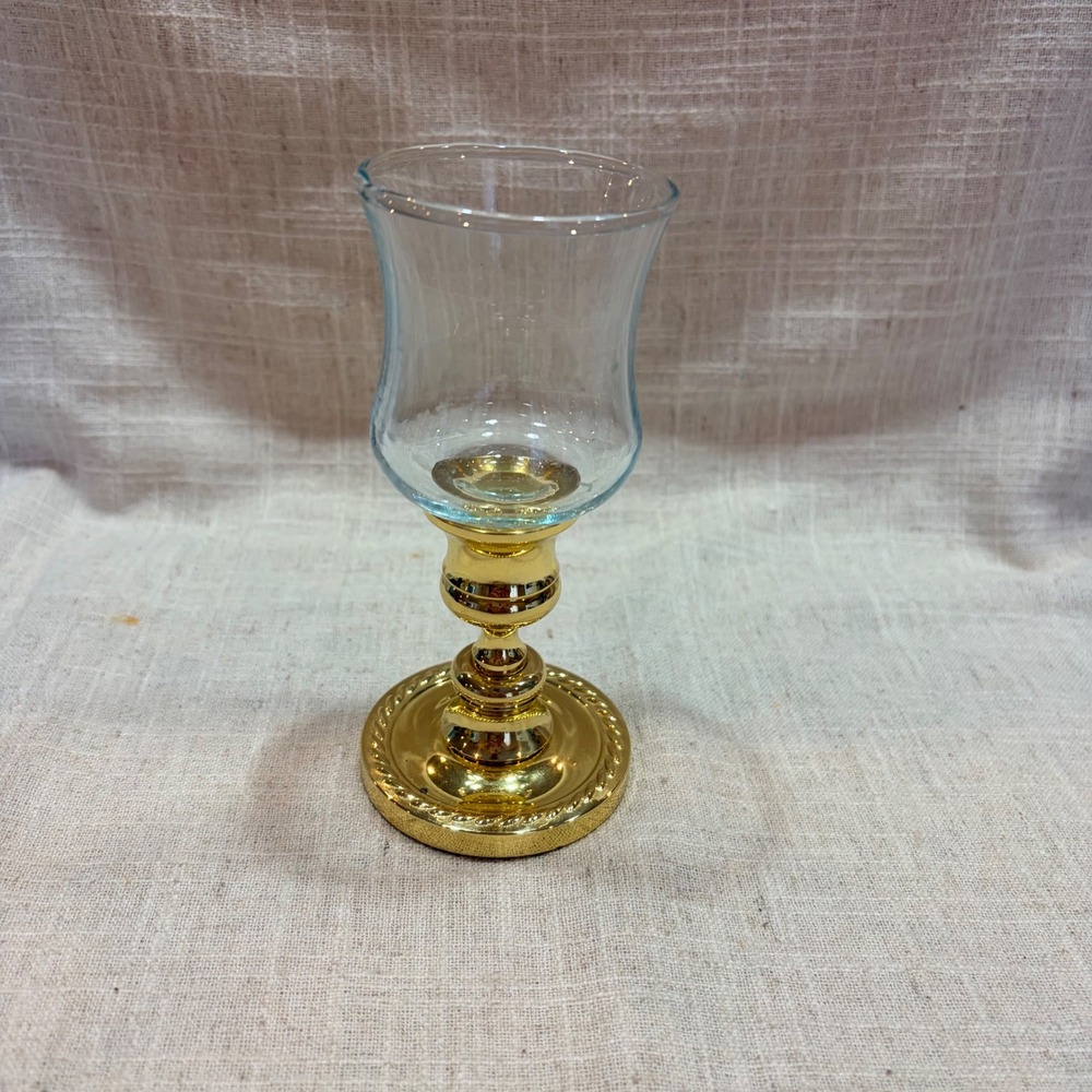 Baldwin Forged Brass Candlestick with Glass Hurricane Shade Gold 6 Inch Vintage